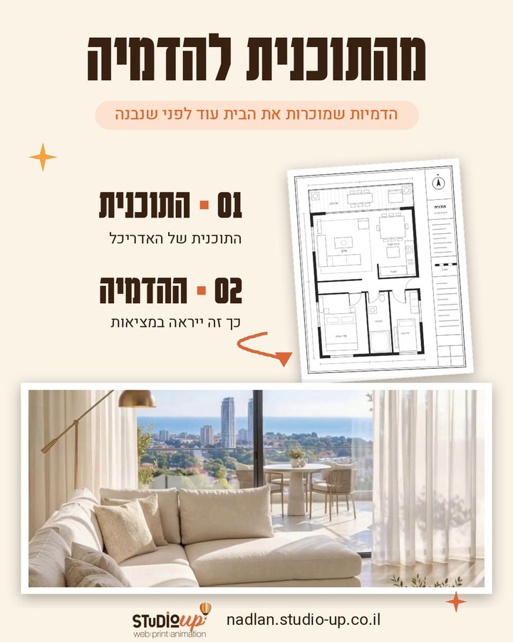 פוסט לאינסטגרם: מהתוכנית להדמיה — תוכנית דירה לצד הדמיה פוטוריאליסטית של הסלון והמטבח